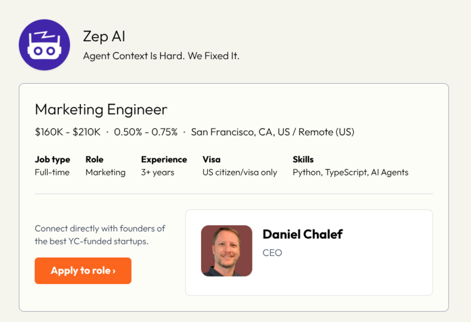 Vaga de Marketing Engineer da Zep AI publicada pela Y Combinator